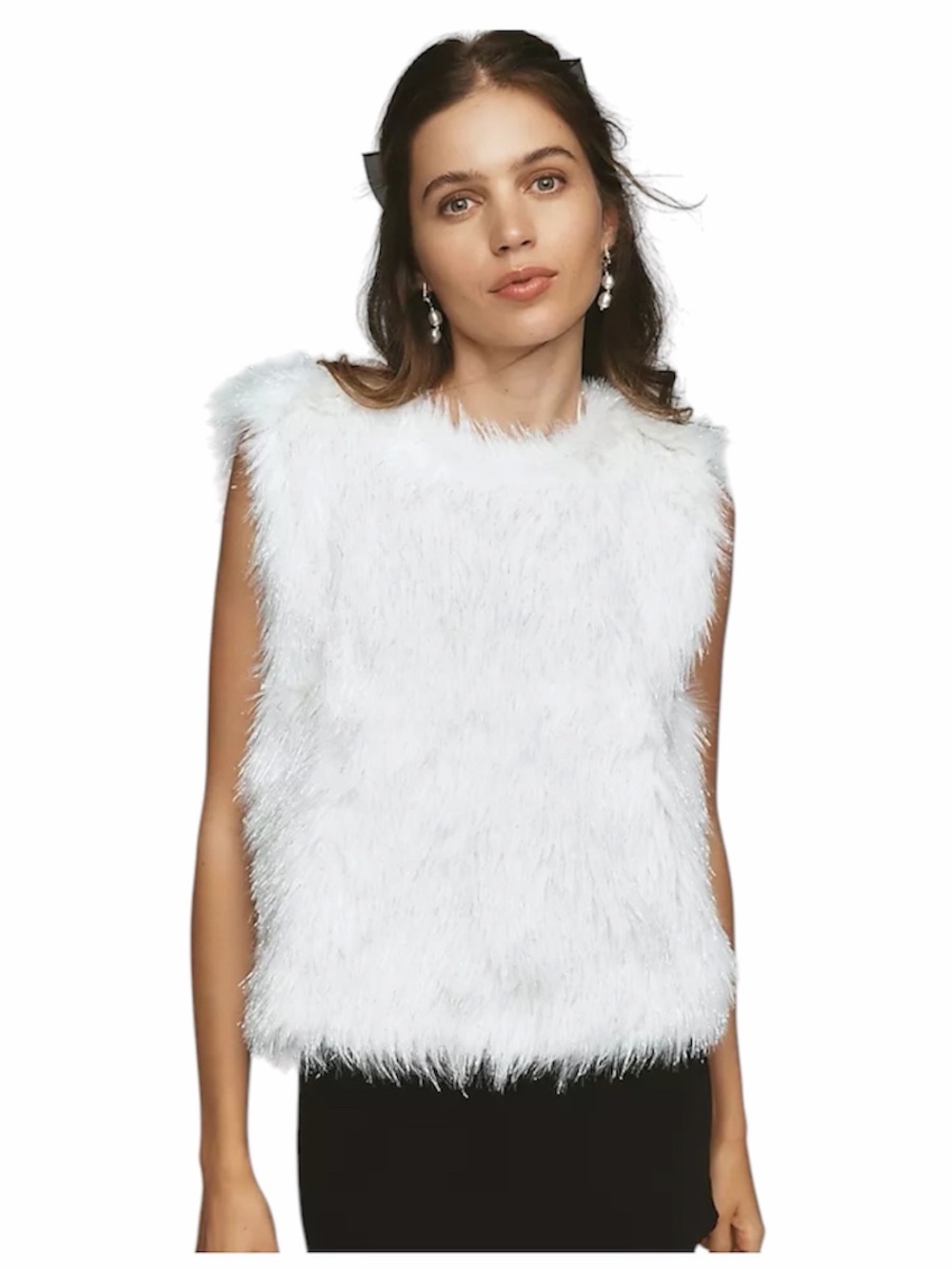 Maeve Anthropologie Shimmered Faux Fur Sleeveless Mock Neck Top White Silver XL